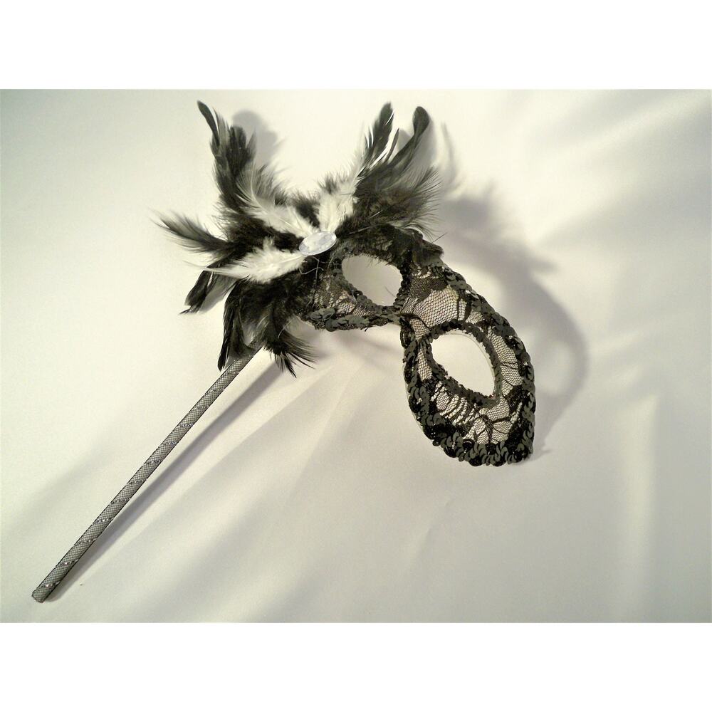 Black lace feather mask on a stick, prom halloween costume masquerade  Cosplay